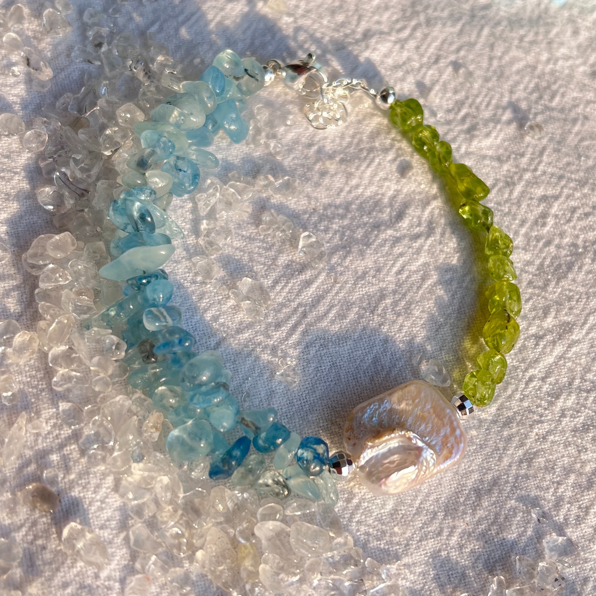 Peridot Aquamarine Freshwater Pearl Bracelet